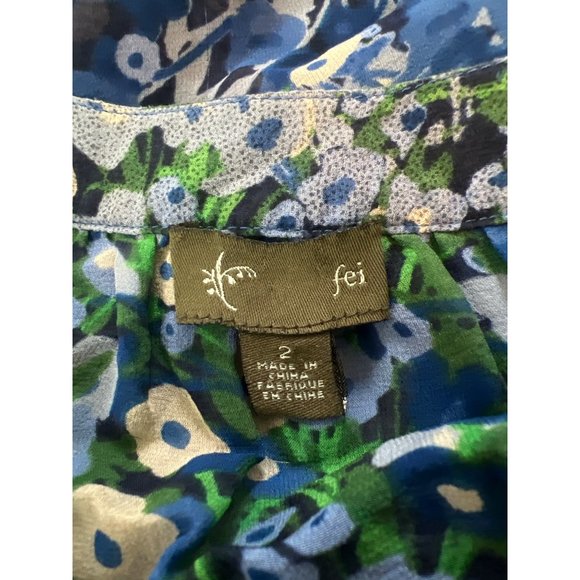ANTHROPOLOGIE Fei Women’s Size 2 Silk Blue Floral Elbow Sleeve Blouse - Picture 5 of 6